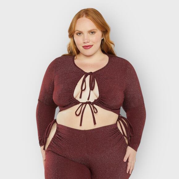 Savage Fenty Sleep & Shing Long Sleeve Crop Tee | Plus Size 3X | Maroon Glitter - Picture 2 of 8
